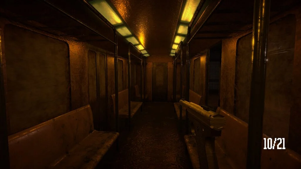 Vagão de metrô enferrujado, estreito e sem iluminação em Lost in Vivo