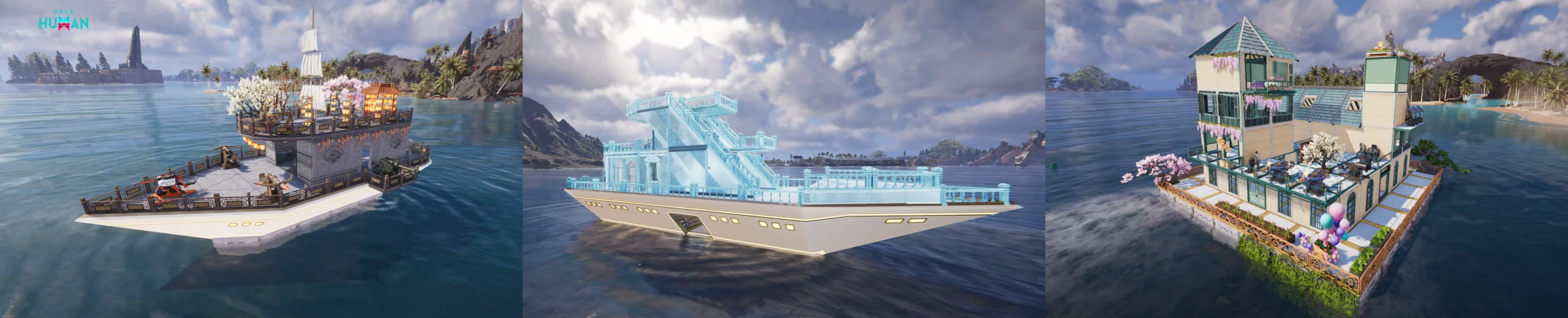 Três navios personalizados construídos em Once Human Isles of Abyss, incluindo embarcações com estruturas e instalações sobre o convés