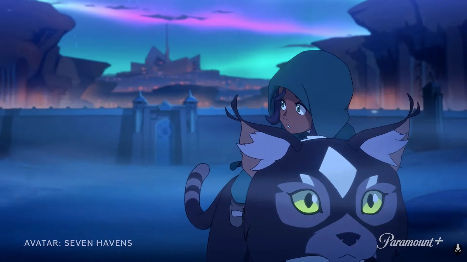 Paisagem de Avatar: Seven Havens mostra uma cidade fortificada sob um céu iluminado