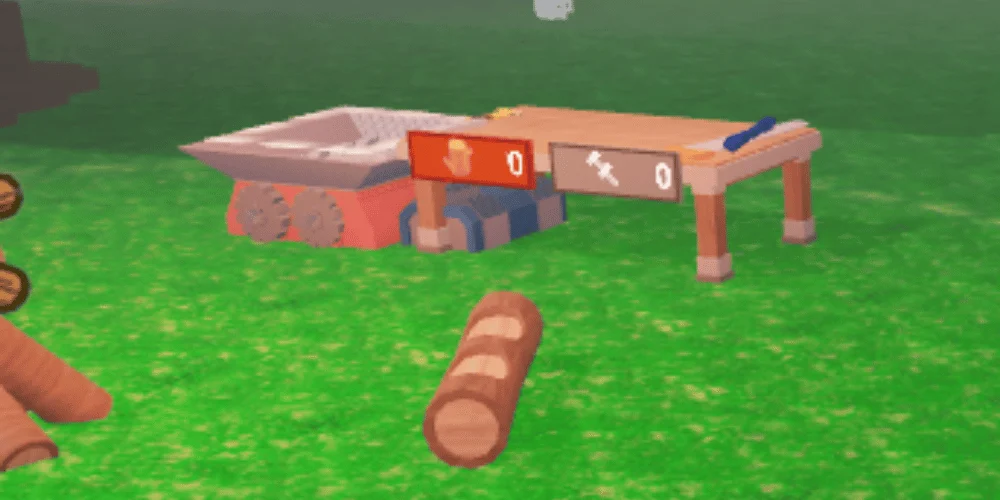 Crafting Bench ao lado de uma tora em 99 Nights in the Forest