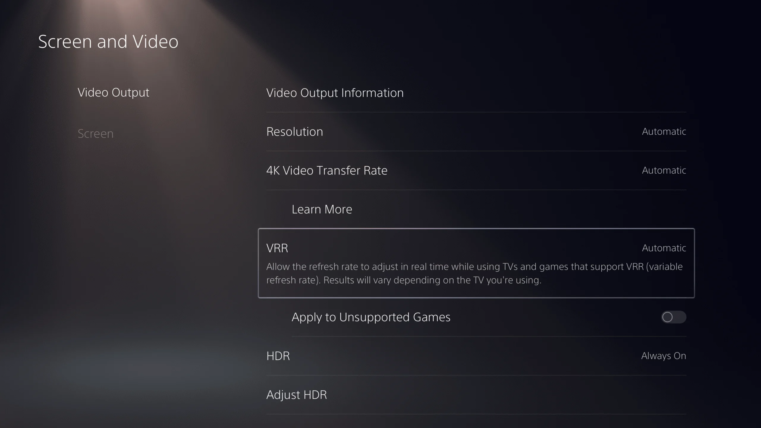 Tela de configurações de vídeo do PS5 mostrando a opção VRR como automática