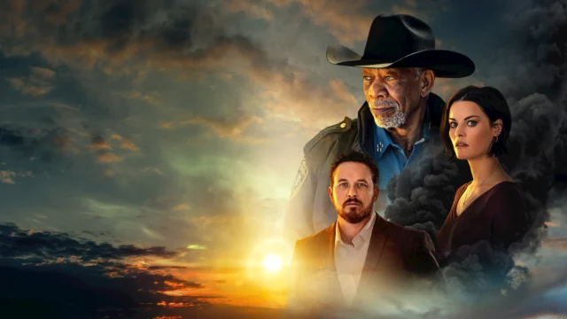 Morgan Freeman, Cole Hauser e Jaimie Alexander na arte de divulgação de Quando a Morte Chega