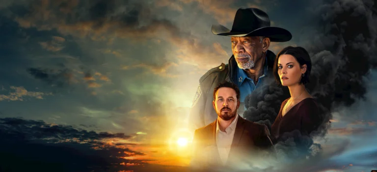 Morgan Freeman, Cole Hauser e Jaimie Alexander na arte de divulgação de Quando a Morte Chega