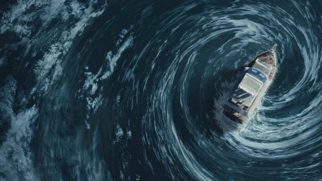 Iate cercado por ondas durante a tempestade em imagem de Contra o Furacão.