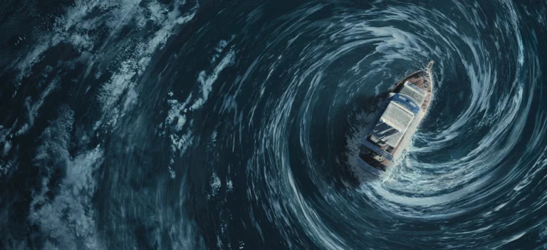 Iate cercado por ondas durante a tempestade em imagem de Contra o Furacão.