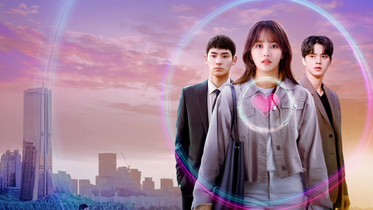 Kim So-hyun, Jung Ga-ram e Song Kang na arte de divulgação de Love Alarm, com um coração luminoso ao centro