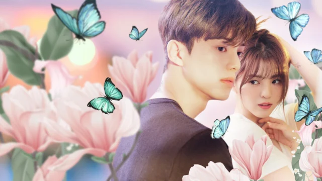 Song Kang e Han So-hee na imagem de divulgação de Apesar de Tudo, Amor, cercados por flores e borboletas