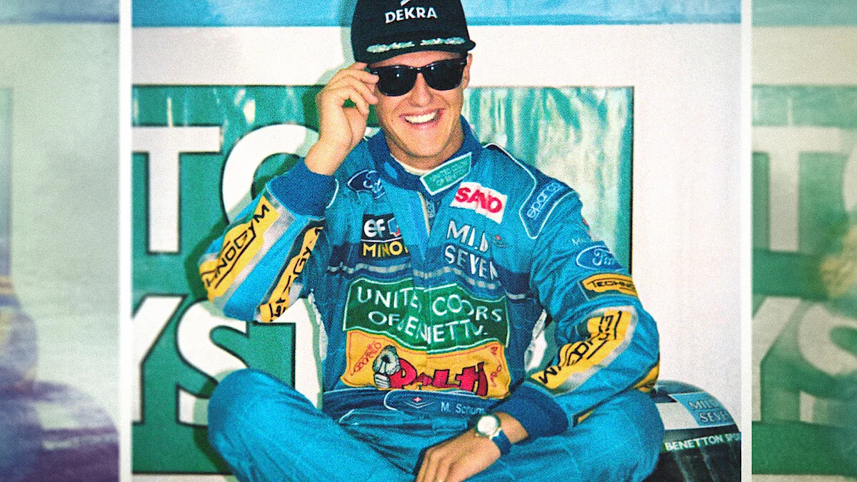 Michael Schumacher com uniforme da Benetton em imagem do documentário Schumacher 94 da Netflix