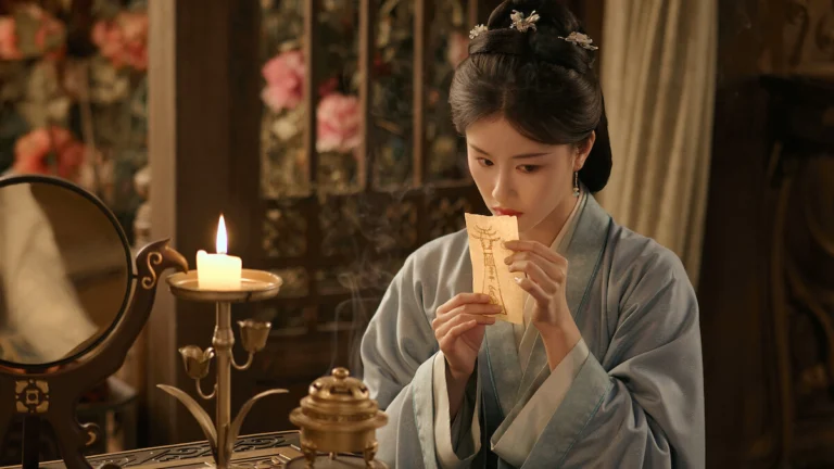 Tian Xiwei caracterizada como A-Chou examina um papel diante de uma vela em A Noiva da Presilha Dourada