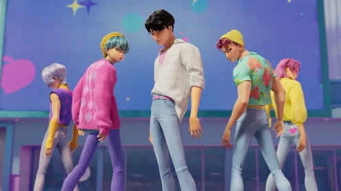 Cinco integrantes dos Saja Boys durante performance de Soda Pop em Guerreiras do K-Pop
