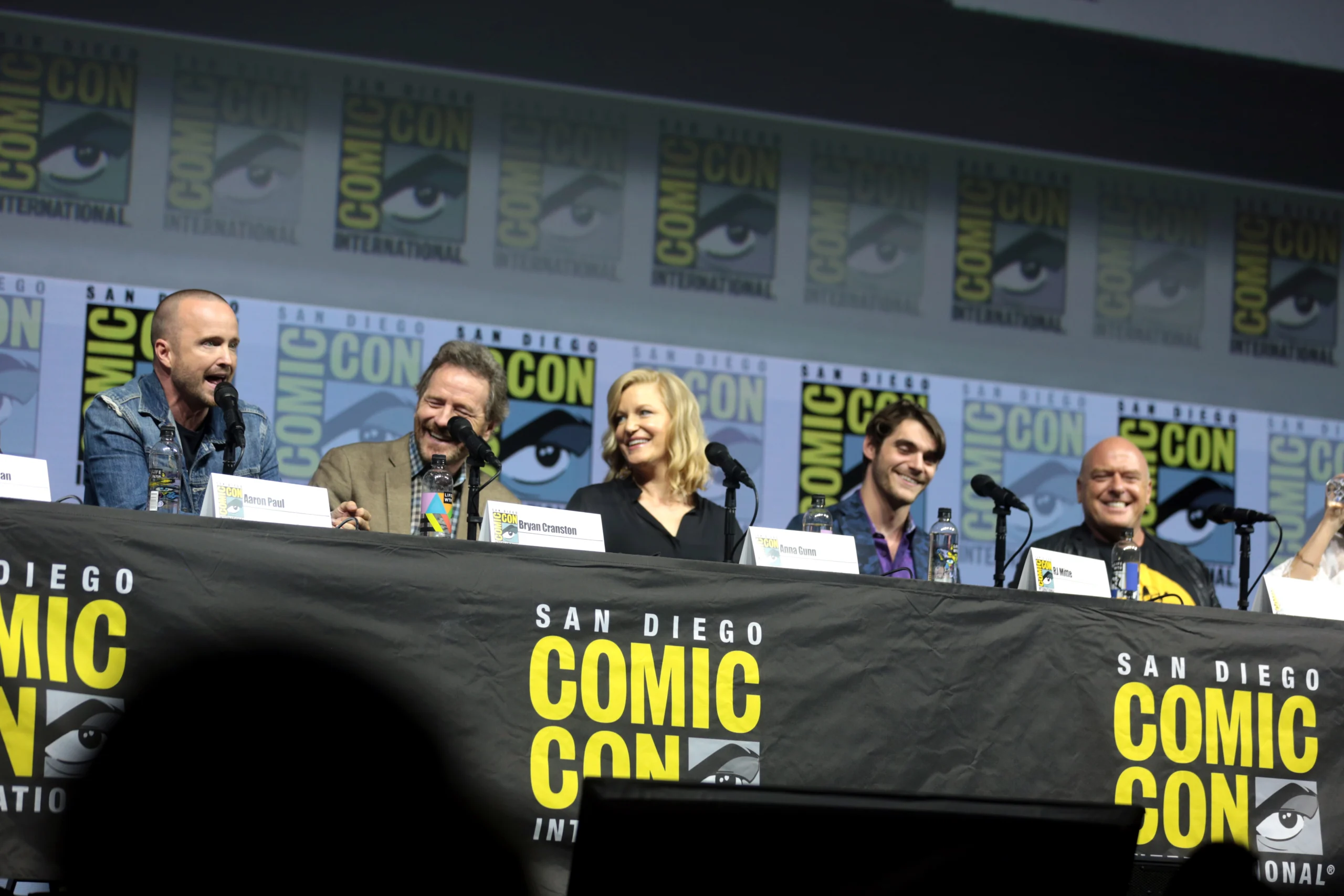 Aaron Paul, Bryan Cranston, Anna Gunn, RJ Mitte e Dean Norris reunidos em painel de Breaking Bad em 2018