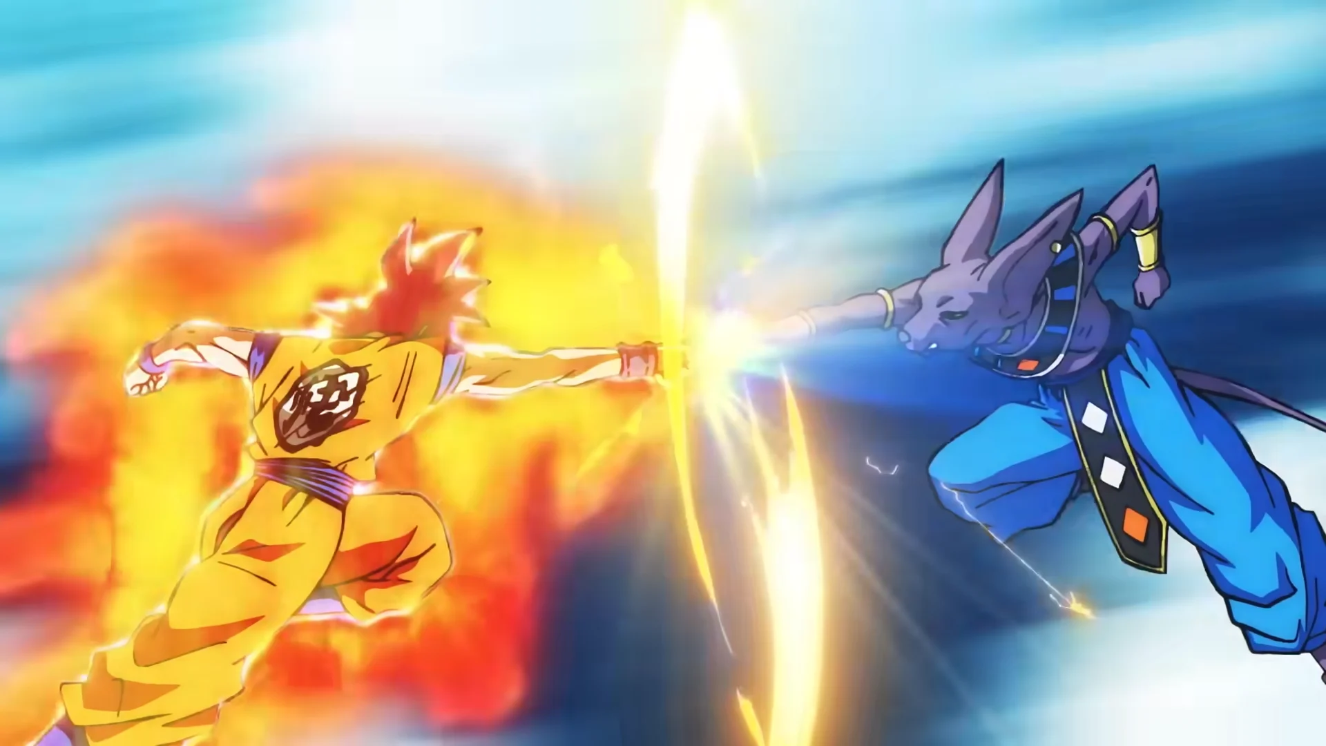 Goku Super Saiyajin Deus enfrenta Beerus em cena do trailer de Dragon Ball Super: Beerus