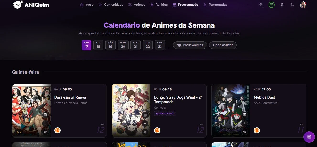 Calendário semanal de lançamentos de episódios de anime no ANIQuim