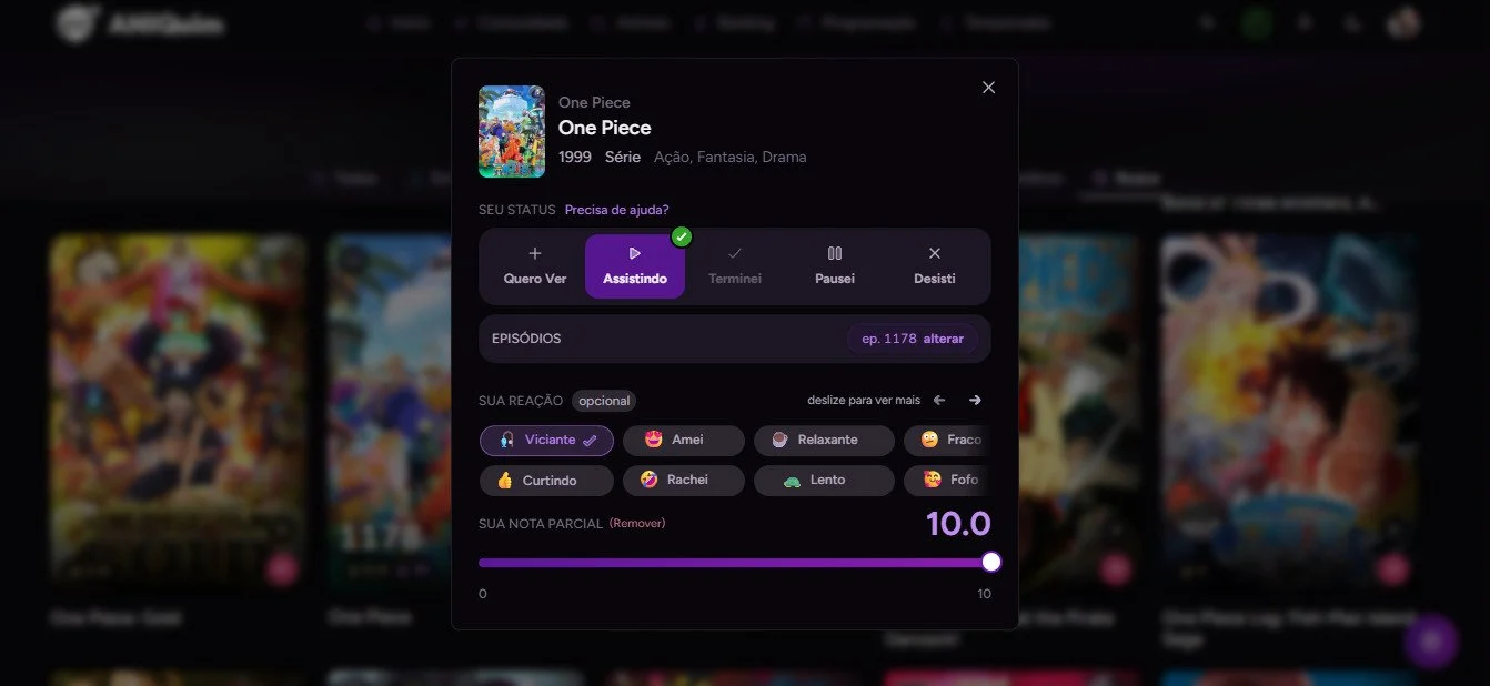 Tela do ANIQuim mostrando status, episódios, reações e nota de One Piece