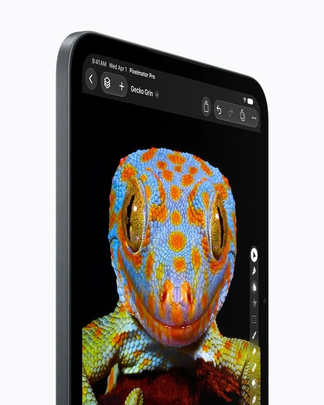 Close da tela OLED do iPad mini 2026 exibindo um lagarto colorido