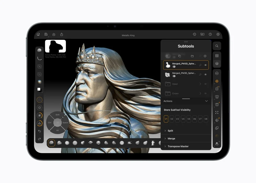 iPad mini 2026 na horizontal mostrando aplicativo de modelagem 3D ZBrush