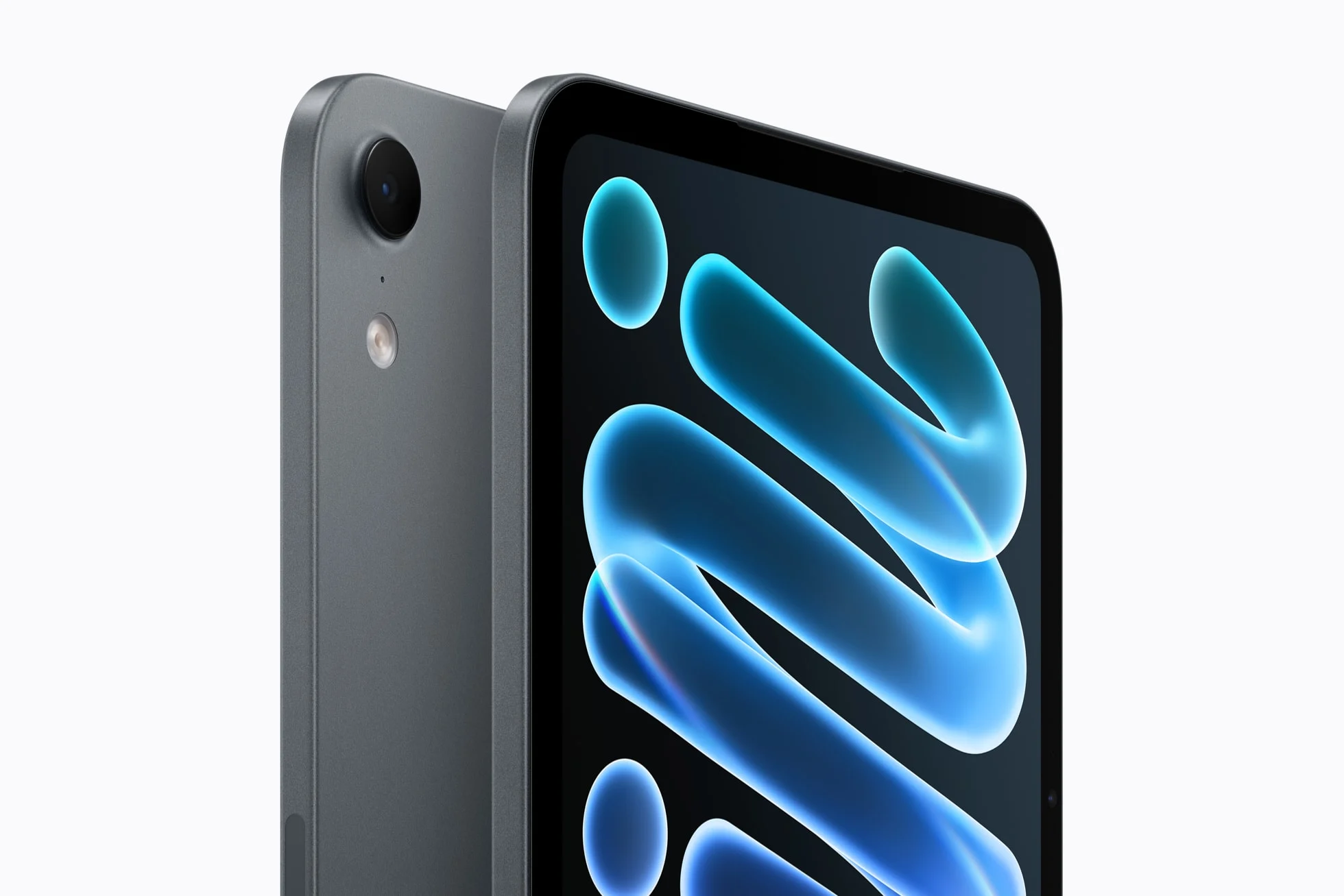 Detalhe do novo iPad mini de 2026 em cor meia-noite, com tela azul