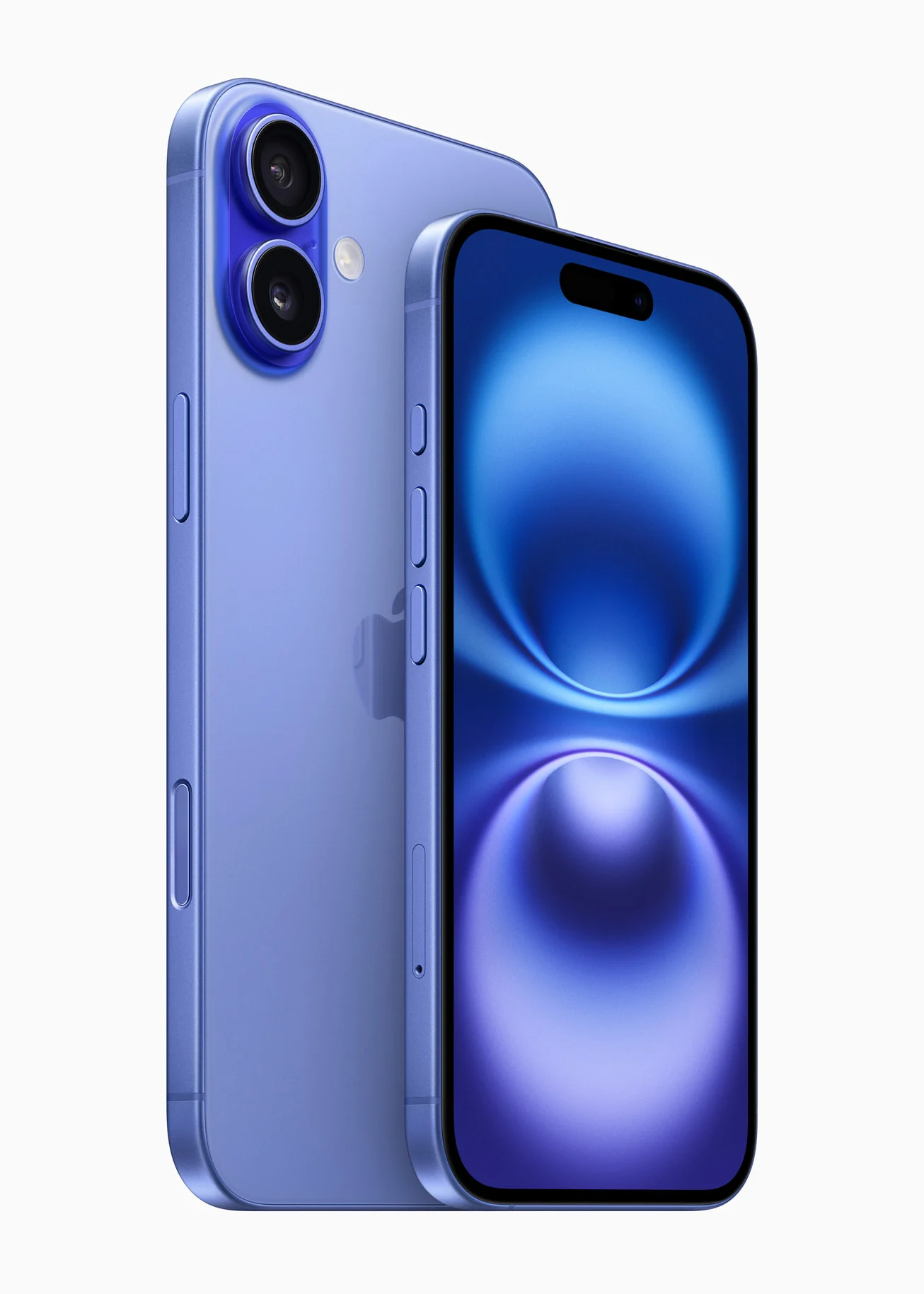 Dois iPhone 16 ultramarinos mostram a tela e o módulo de câmera dupla