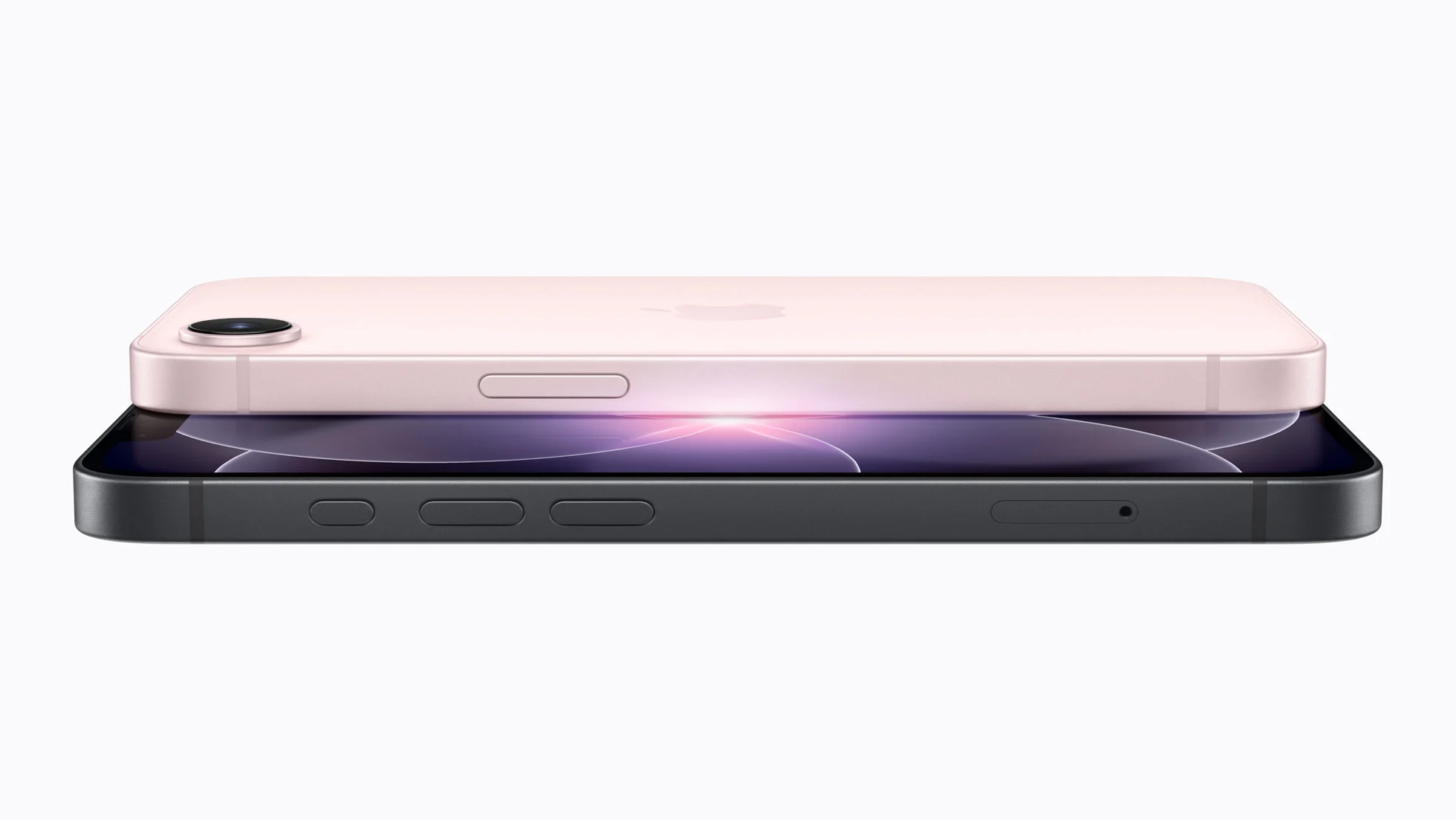 iPhone 17e em acabamentos claro e escuro, visto de frente e de trás
