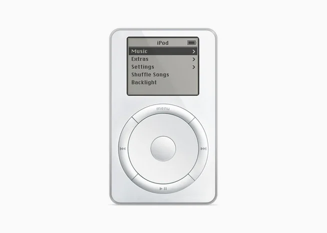 Primeiro iPod branco de 2001 com tela monocromática e roda de rolagem mecânica