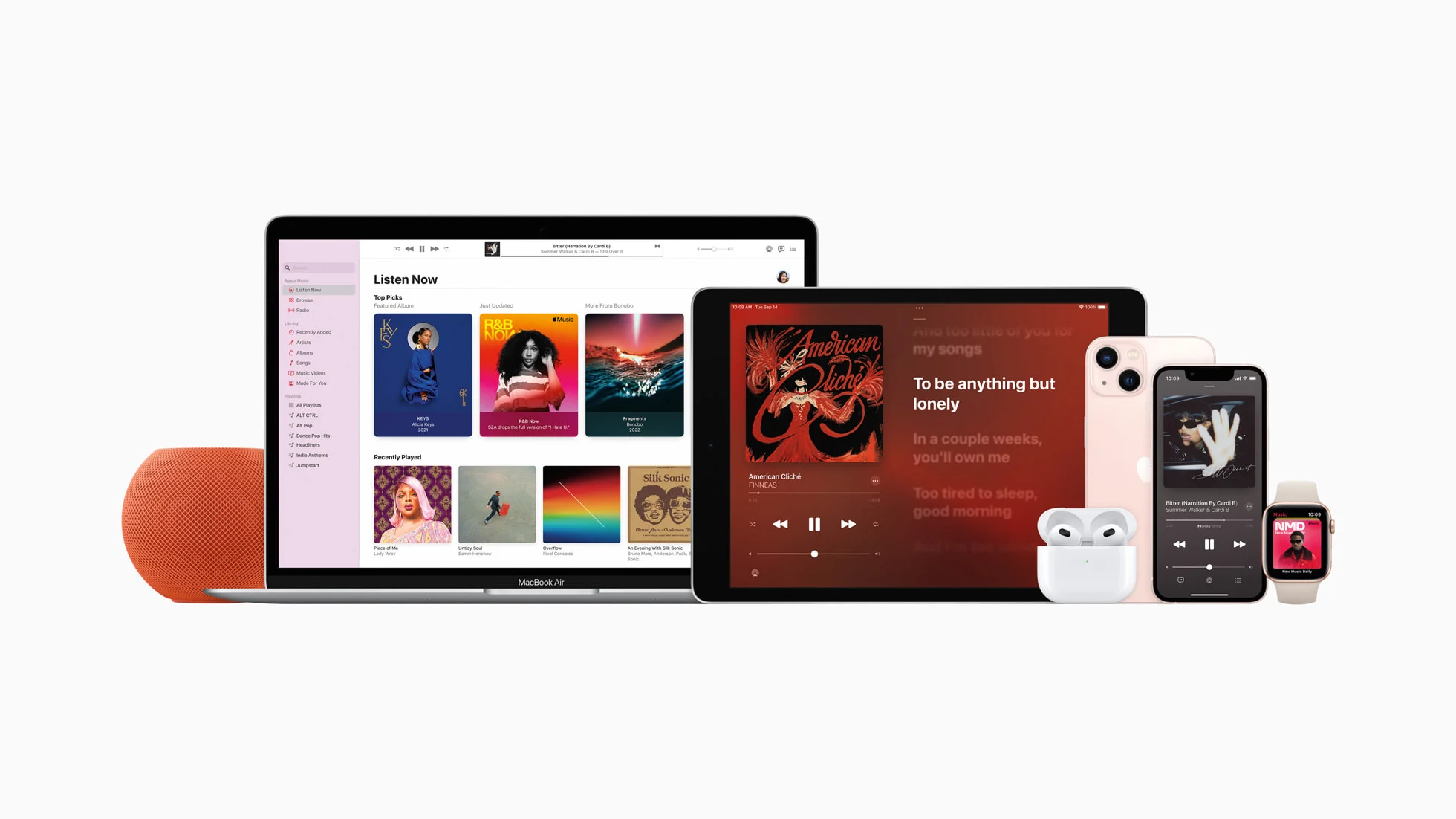 Computador, tablet, celular, relógio e dispositivos de áudio da Apple em imagem promocional de 2022