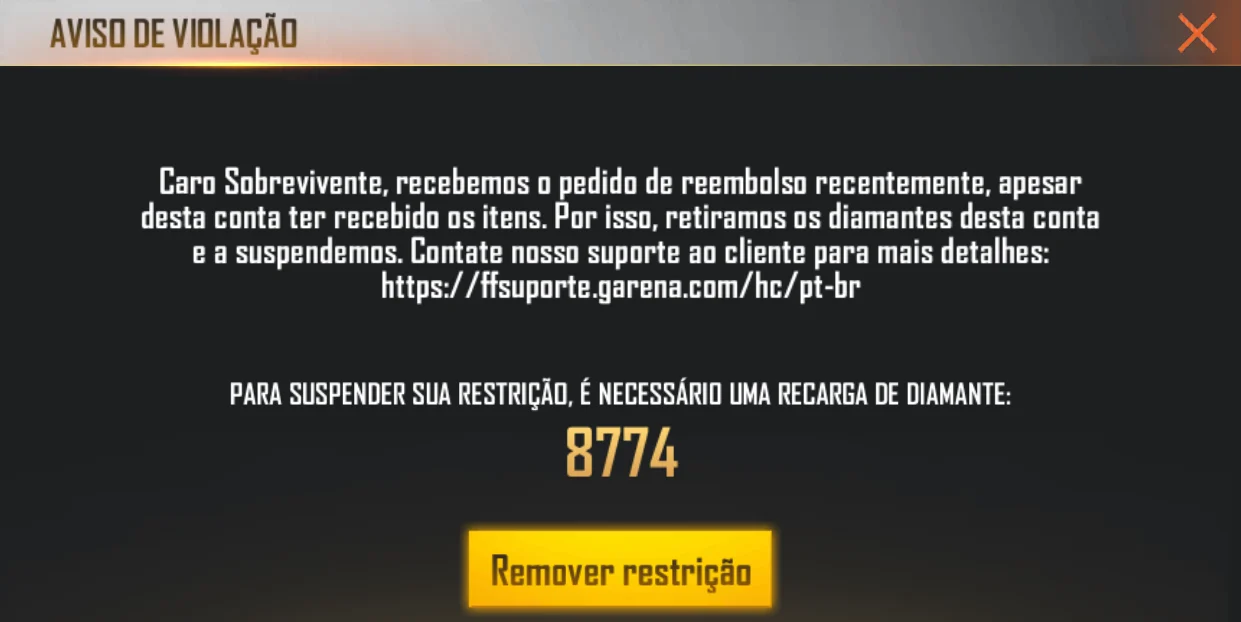 Exemplo de aviso oficial do Free Fire informando restrição por reembolso e quantidade de diamantes necessária para regularização