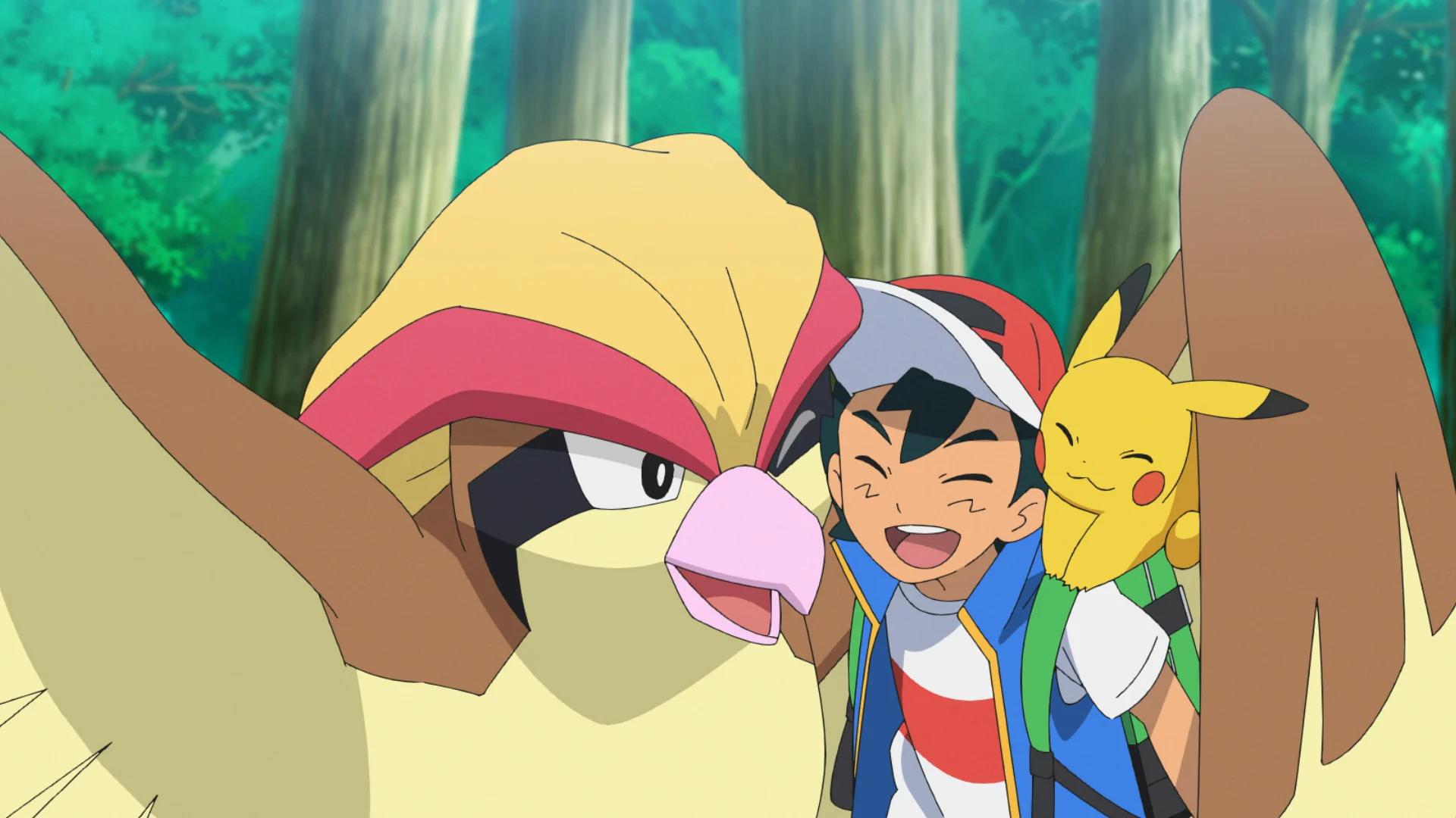 Ash Ketchum reencontra seu Pidgeot ao lado de Pikachu