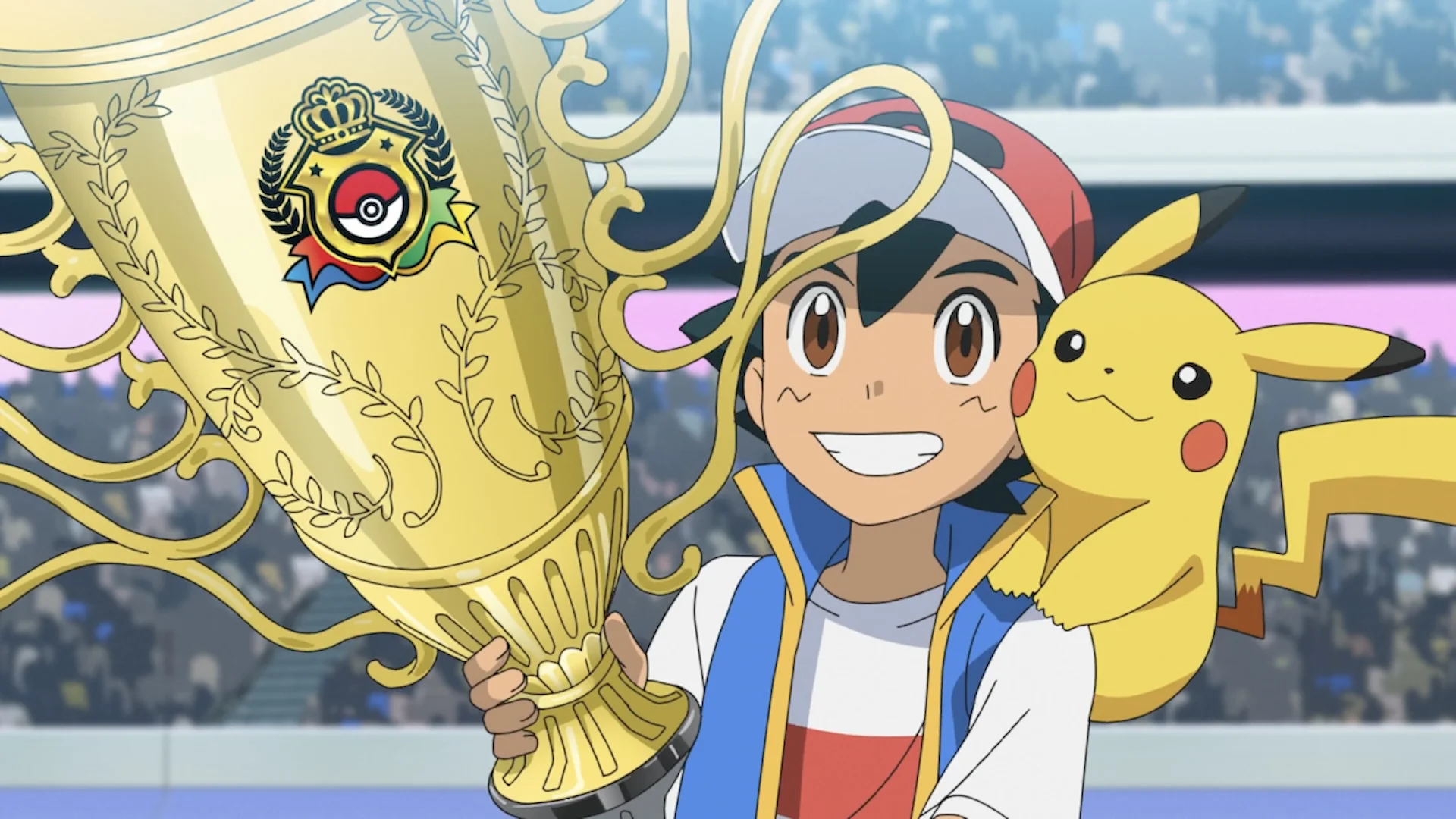 Ash Ketchum comemora sua conquista como campeão mundial Pokémon
