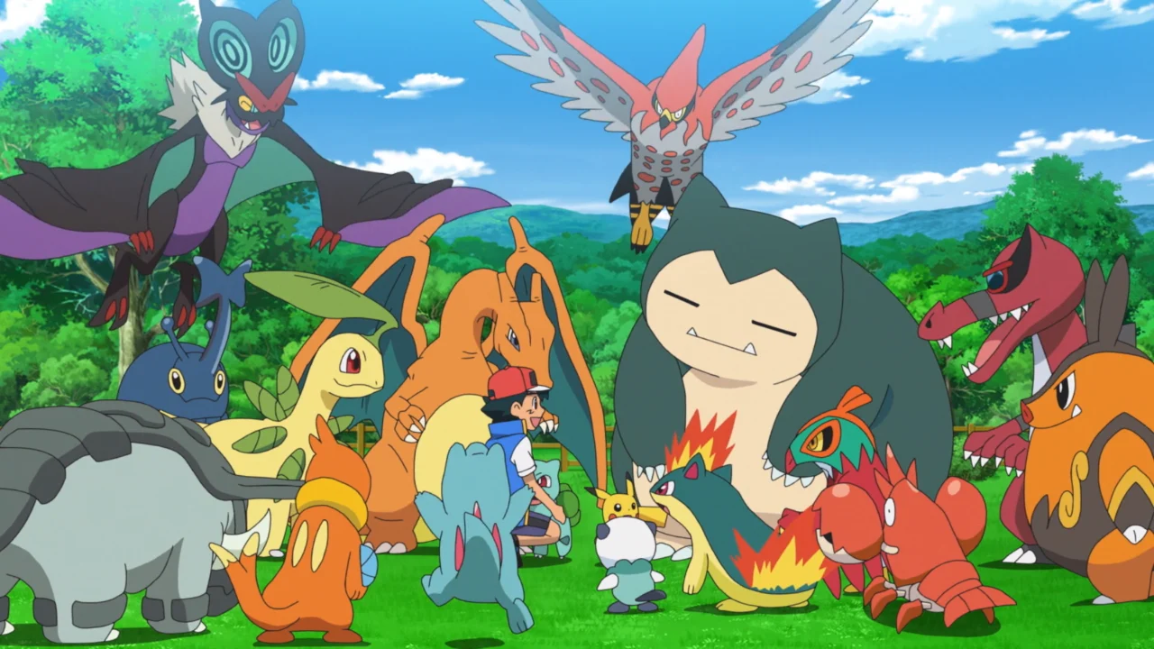 Ash Ketchum reunido com vários de seus Pokémon em Jornadas Pokémon