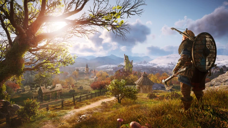 Eivor contempla uma paisagem de Assassin’s Creed Valhalla com vilarejos e montanhas ao fundo