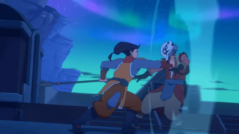 Guerreiro usando máscara branca enfrenta um dominador de ar em Avatar Seven Havens
