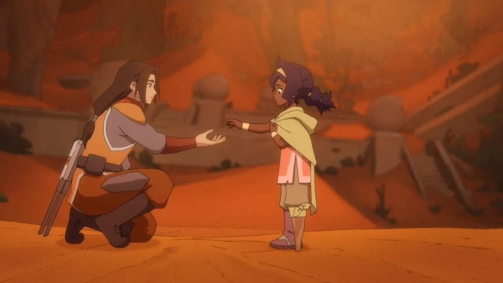 Pavi encontra outro personagem em meio a uma paisagem devastada de Avatar Os Sete Refúgios