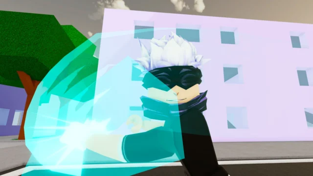Personagem de Jujutsu Shenanigans usando um ataque de energia azul