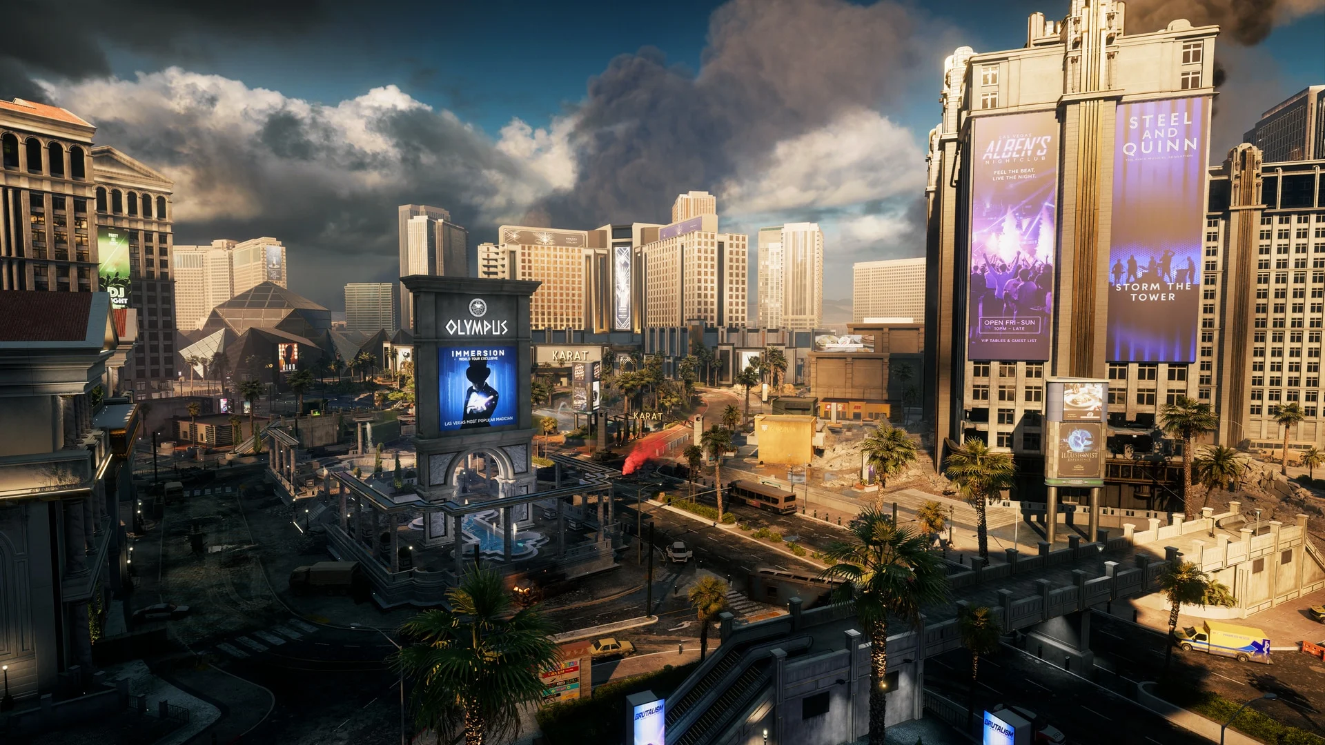 Vista de Las Vegas com prédios, fumaça e um sinalizador vermelho no novo mapa de Battlefield 6