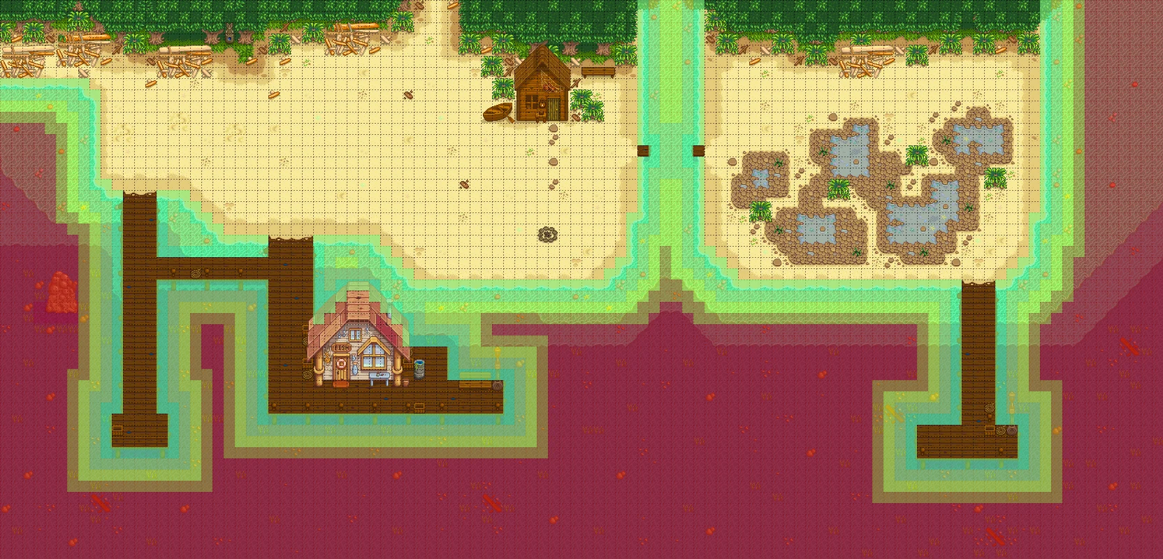 Mapa da Praia de Stardew Valley mostrando zonas de distância para arremessar a vara e pescar no oceano