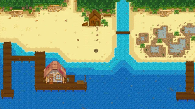 Visão panorâmica da Praia de Stardew Valley, com o oceano e os píeres onde é possível pescar tilápia