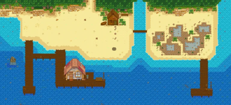 Visão panorâmica da Praia de Stardew Valley, com o oceano e os píeres onde é possível pescar tilápia