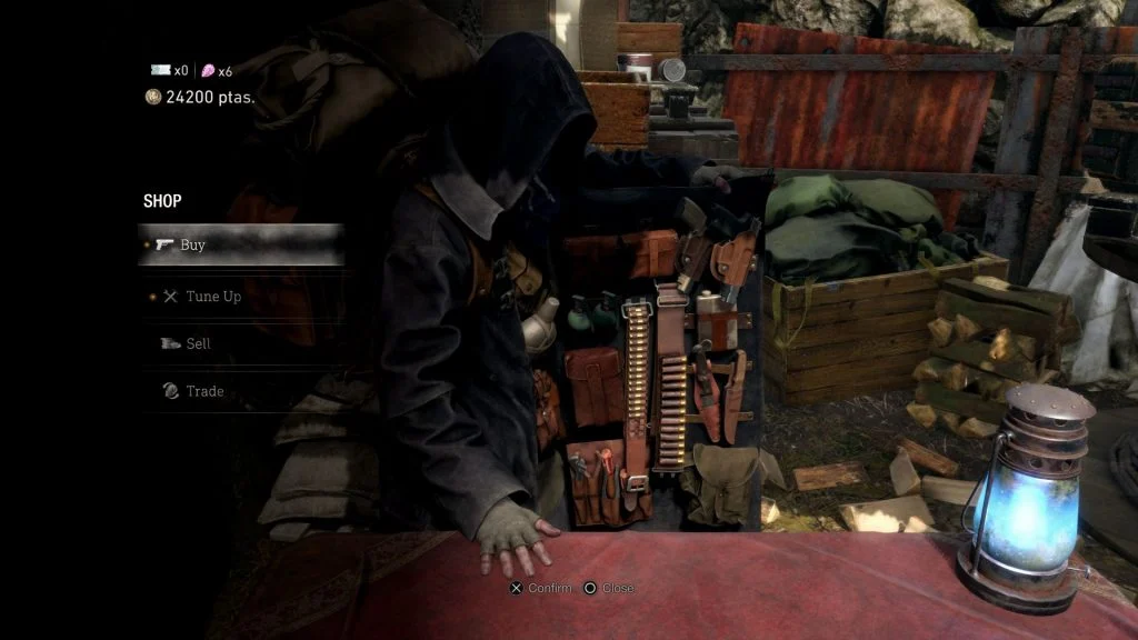 Tela do Mercador de Resident Evil 4 Remake mostrando opções de comprar, melhorar, vender e trocar