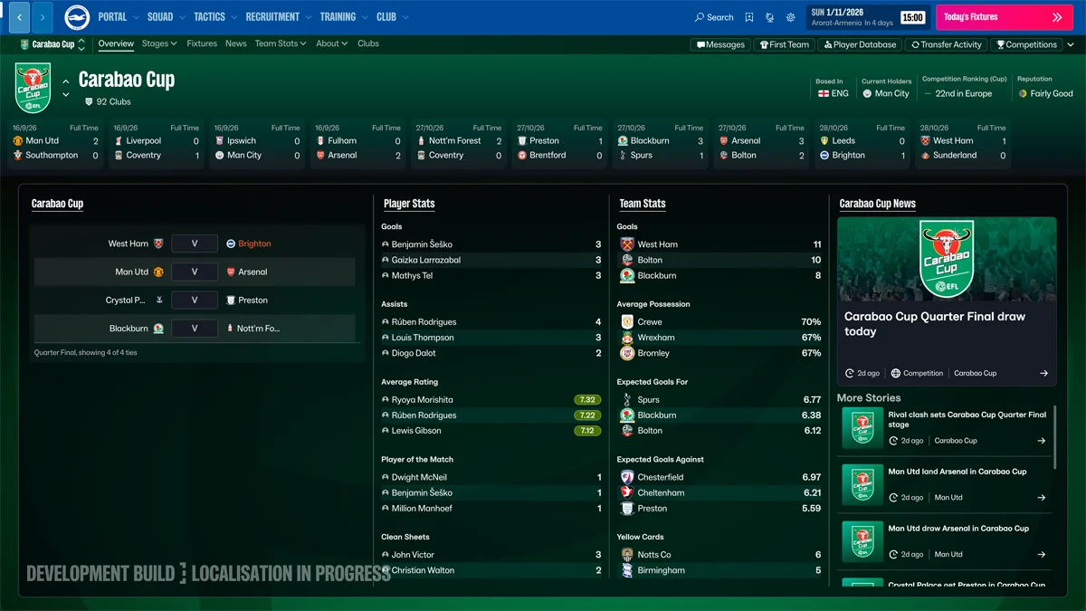 Tela da Carabao Cup em Football Manager 27 com resultados e estatísticas