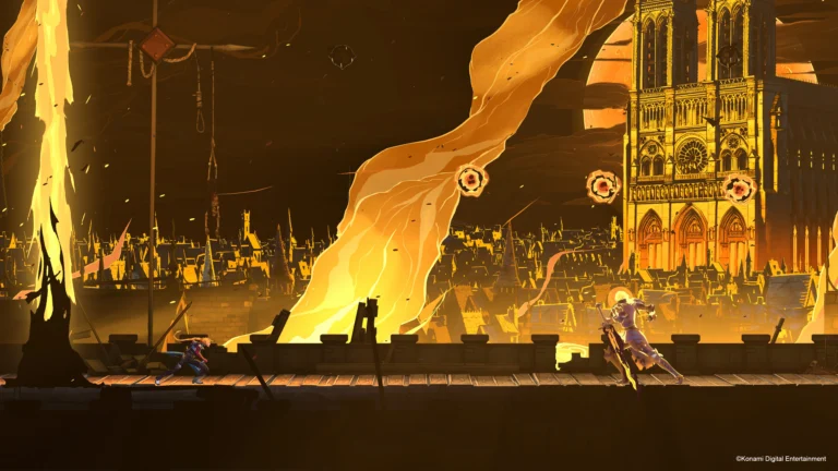 Rose Belmont corre pelos telhados de Paris em chamas diante de uma catedral gótica em Castlevania Belmont's Curse