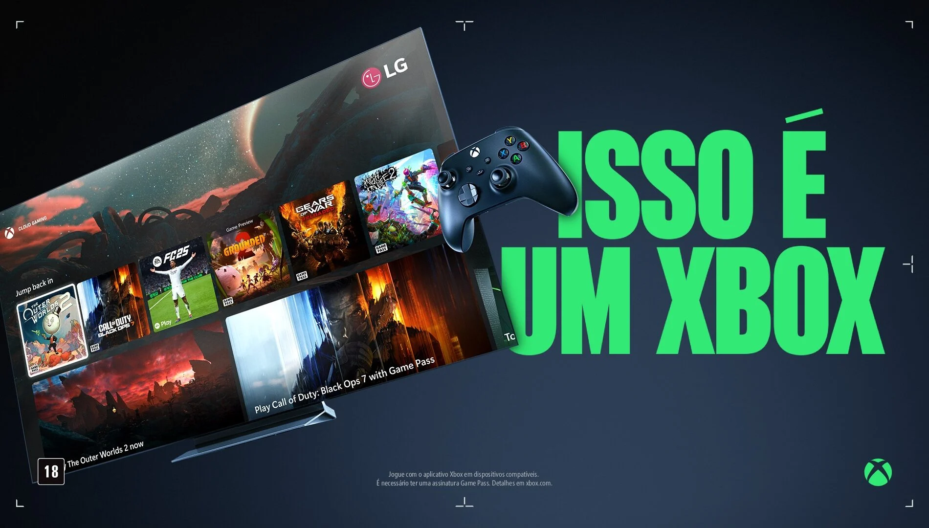 Televisão LG exibindo a plataforma Xbox Cloud Gaming ao lado de controle Xbox em campanha oficial brasileira