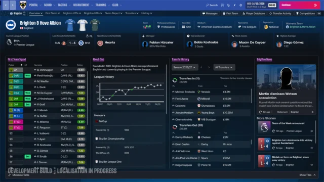 Interface de Football Manager 27 exibindo elenco, histórico e transferências do Brighton em uma versão de desenvolvimento