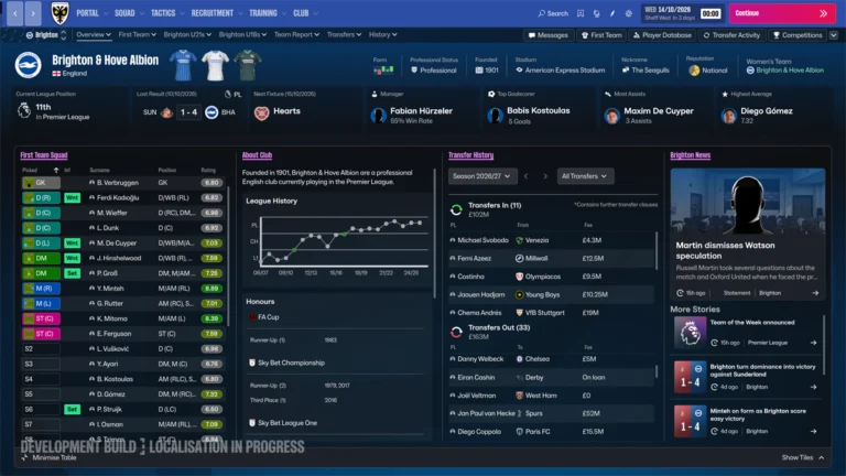 Interface de Football Manager 27 exibindo elenco, histórico e transferências do Brighton em uma versão de desenvolvimento