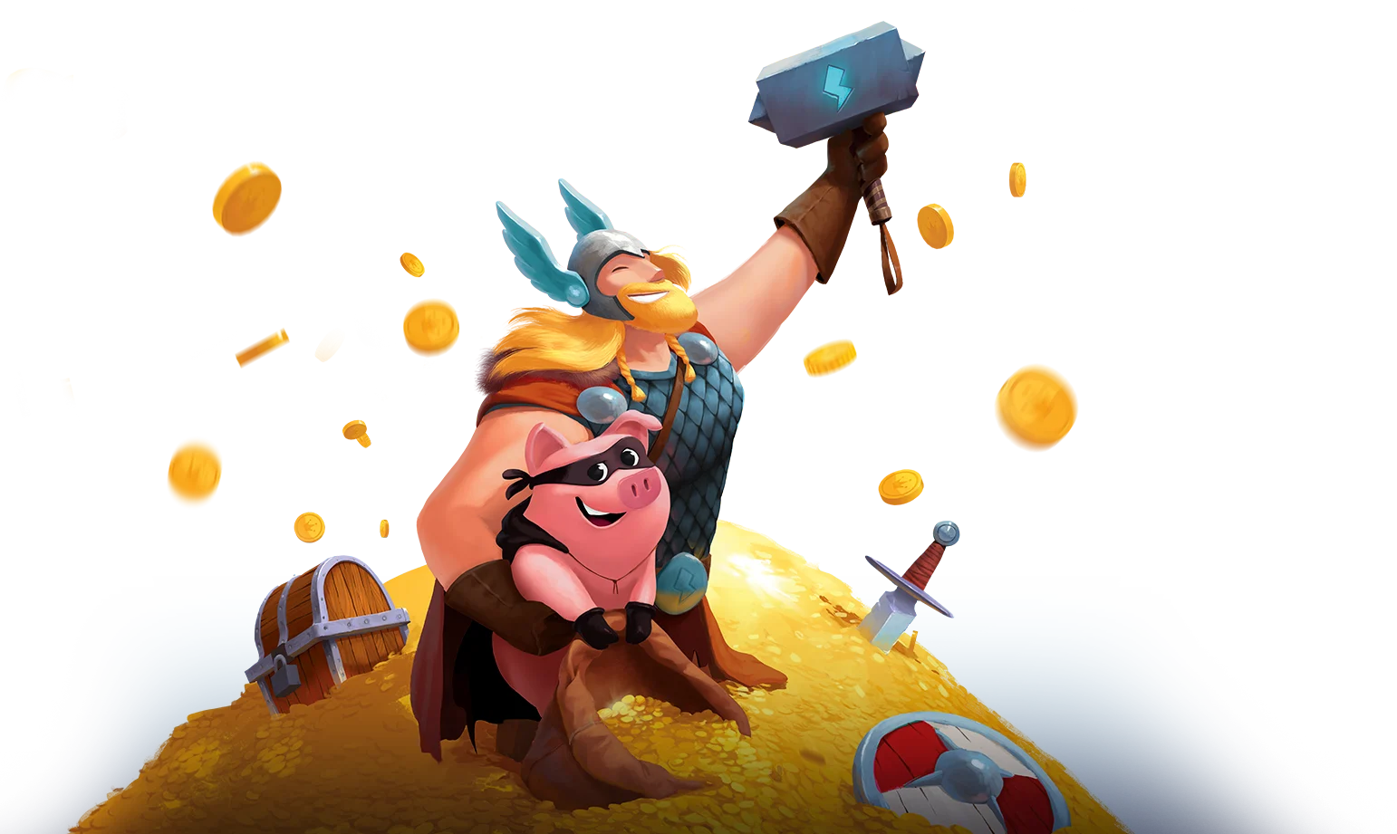 Arte oficial de Coin Master com guerreiro viking, porquinho e pilha de moedas de ouro