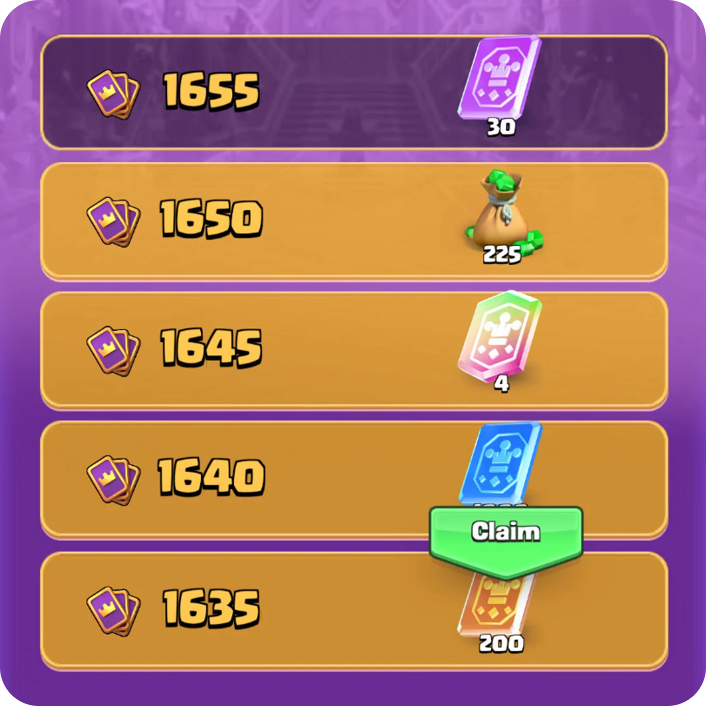 Tela oficial dos níveis da coleção de Clash Royale mostrando recompensas e um prêmio de 225 gemas