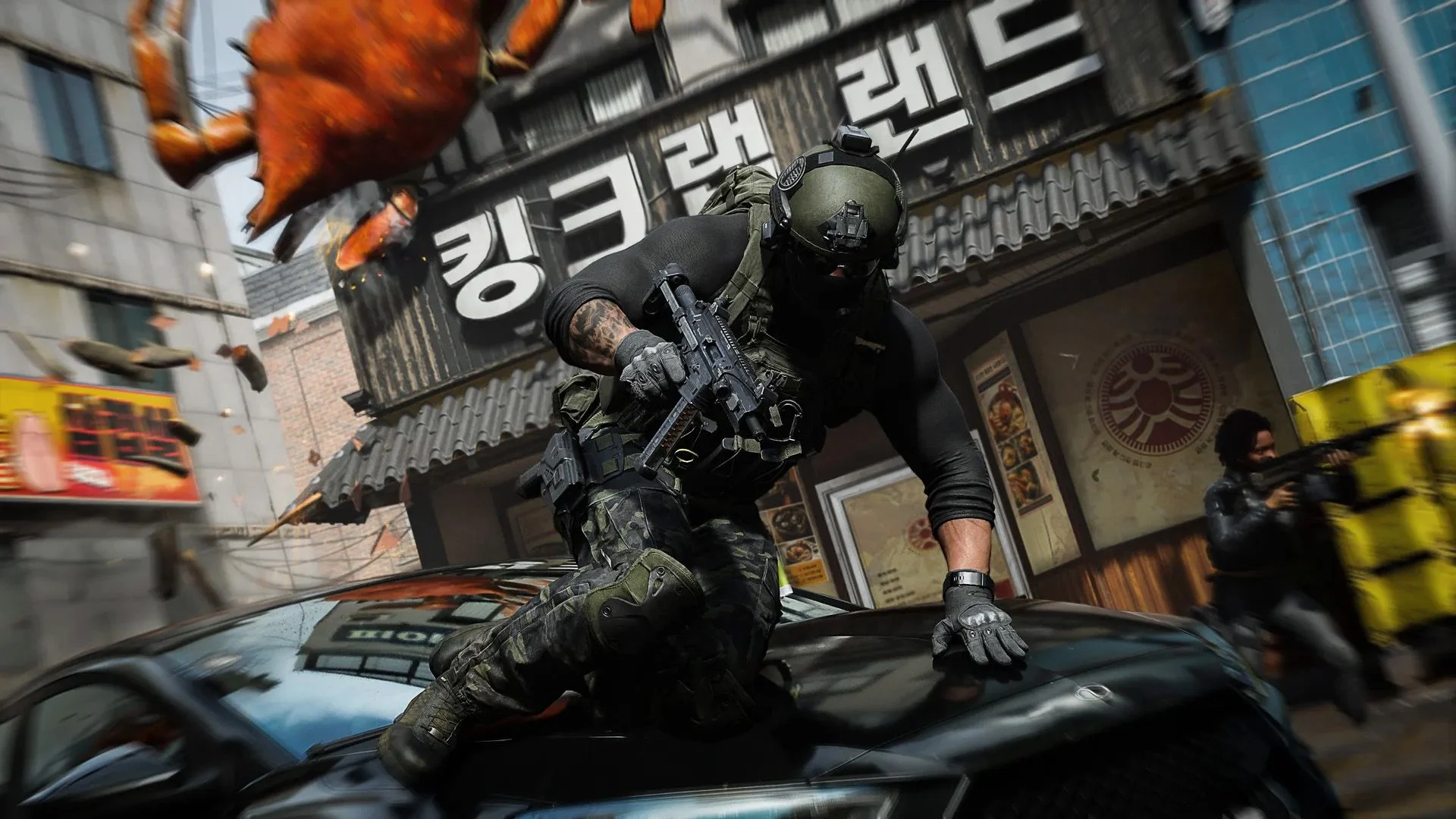 Operador salta sobre carro em combate urbano de Call of Duty Modern Warfare 4