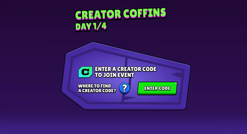 Tela do evento Creator Coffins em Brawl Stars com botão para inserir o código de um criador
