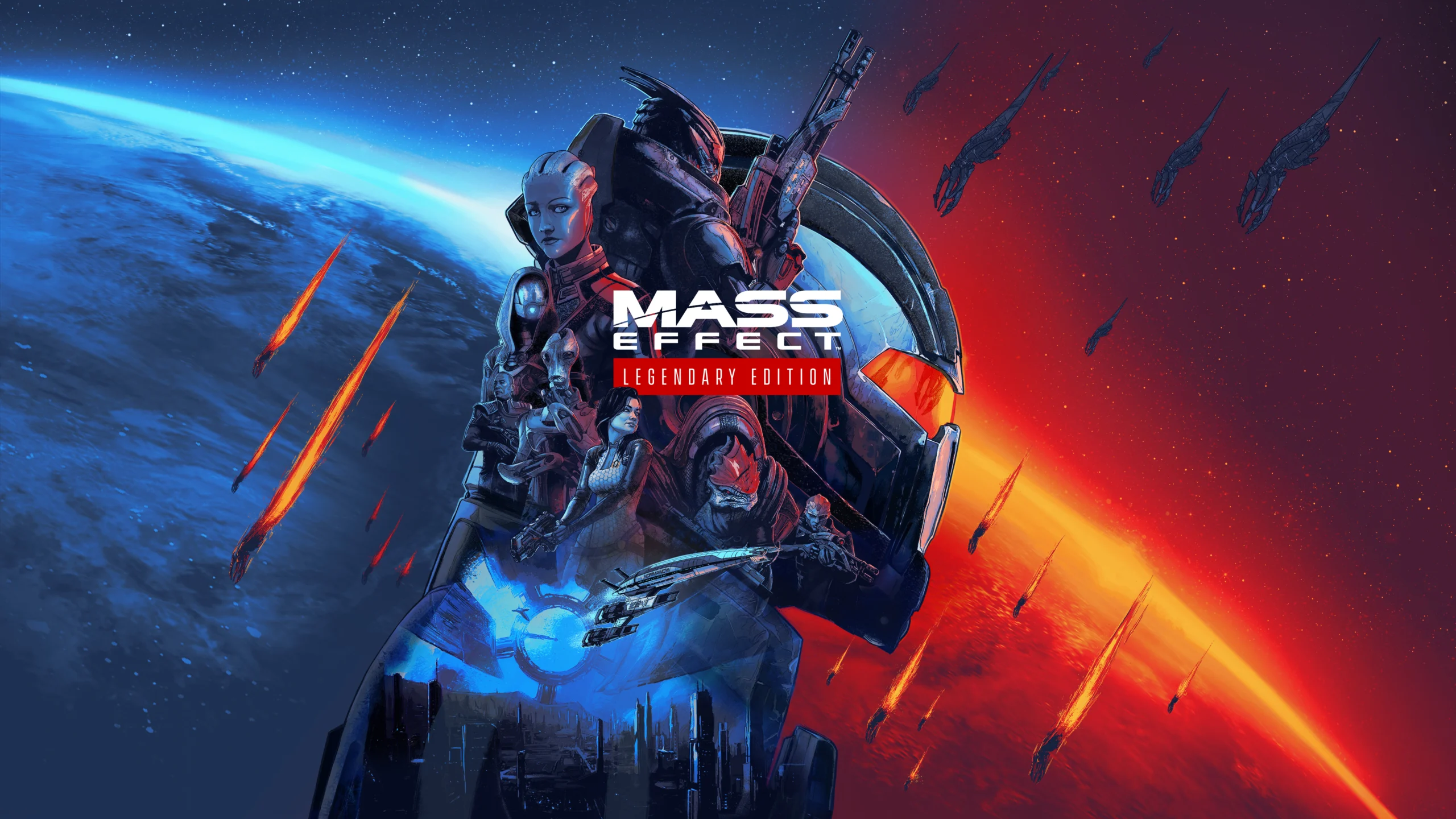 Arte oficial de Mass Effect Legendary Edition com Shepard e outros personagens da trilogia