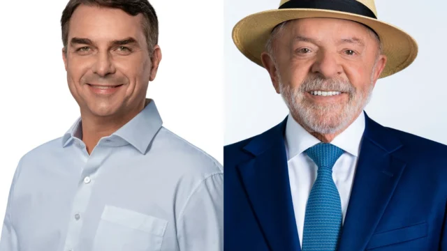 Montagem com retratos de Flávio Bolsonaro à esquerda e Lula à direita.