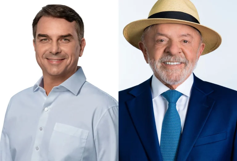 Montagem com retratos de Flávio Bolsonaro à esquerda e Lula à direita.